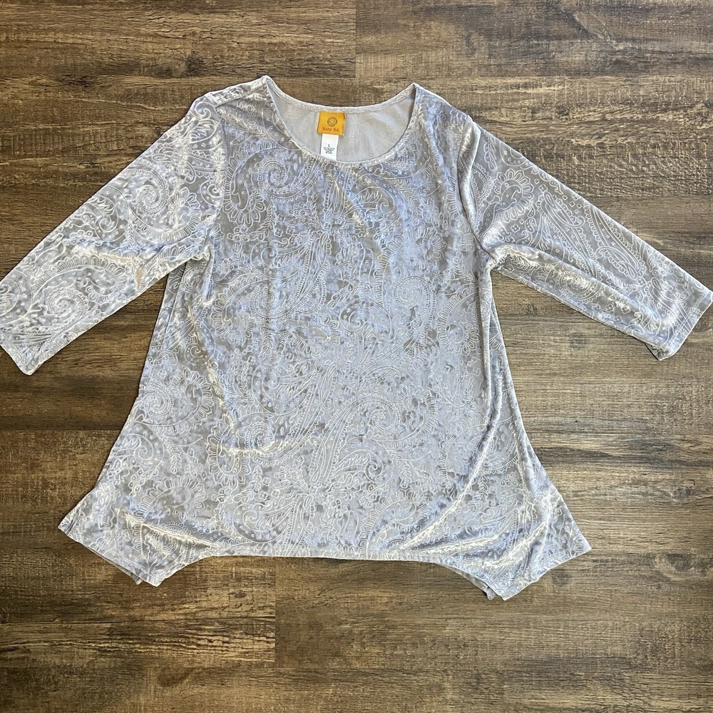 Ruby Rd Paisley Burnout Velour Tunic Top Women's‎ L Asymmetrical Hem Stretch